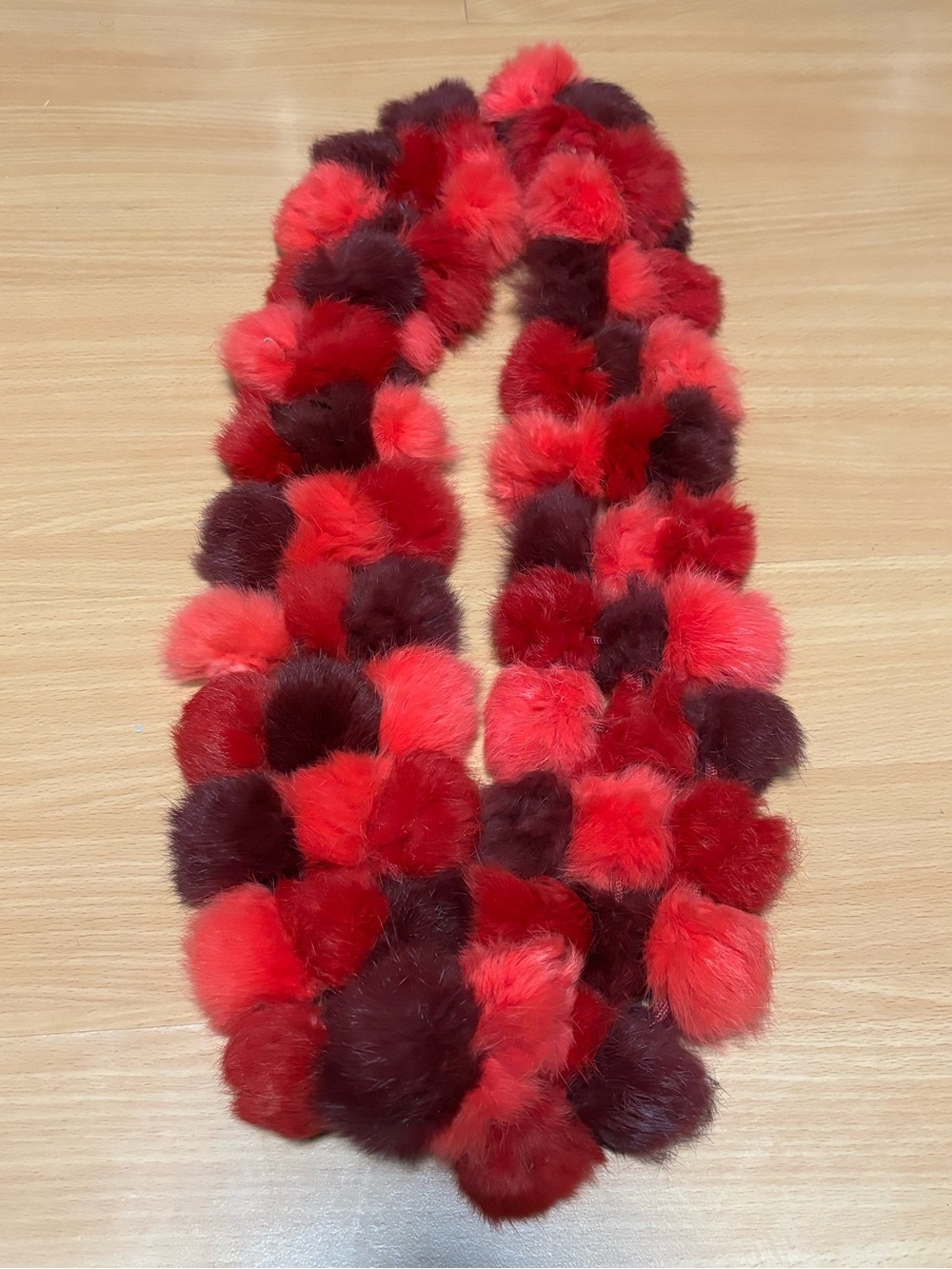 Neiman Marcus Red & Burgundy Pom Pom Rabbit Fur Infinity/Loop Scarf